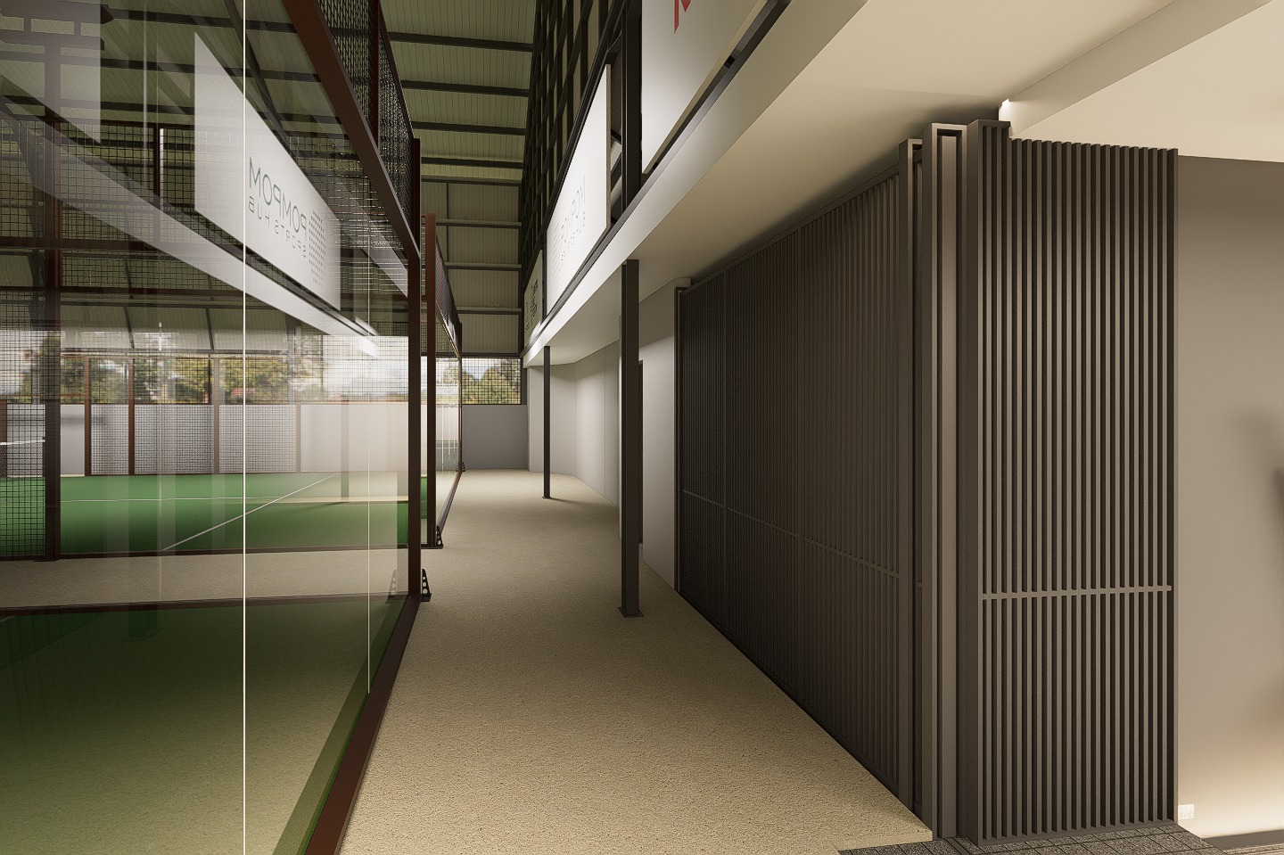 Close-up of premium green turf, white lines and dark brown iron pillar