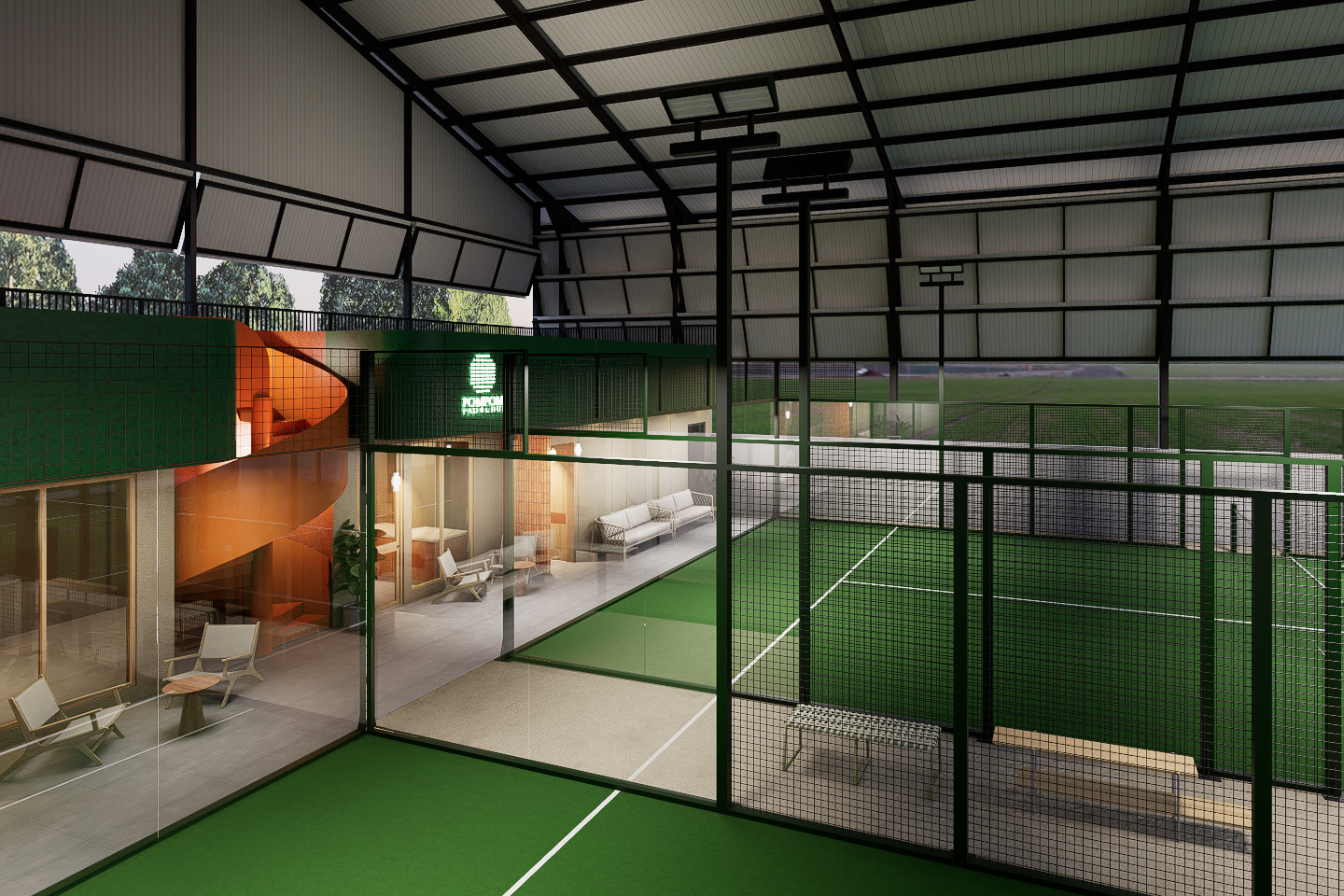 Full size double padel court at PomPom Sports Hub with vibrant Wimbledon green surface and dark brown iron pillars