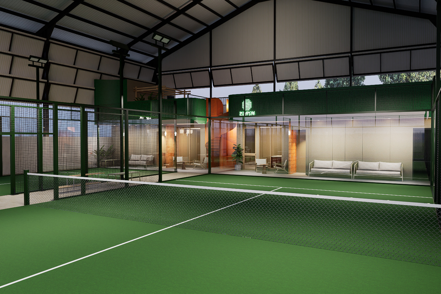 Half size single padel court at PomPom Sports Hub featuring green surface and elegant dark brown iron pillars